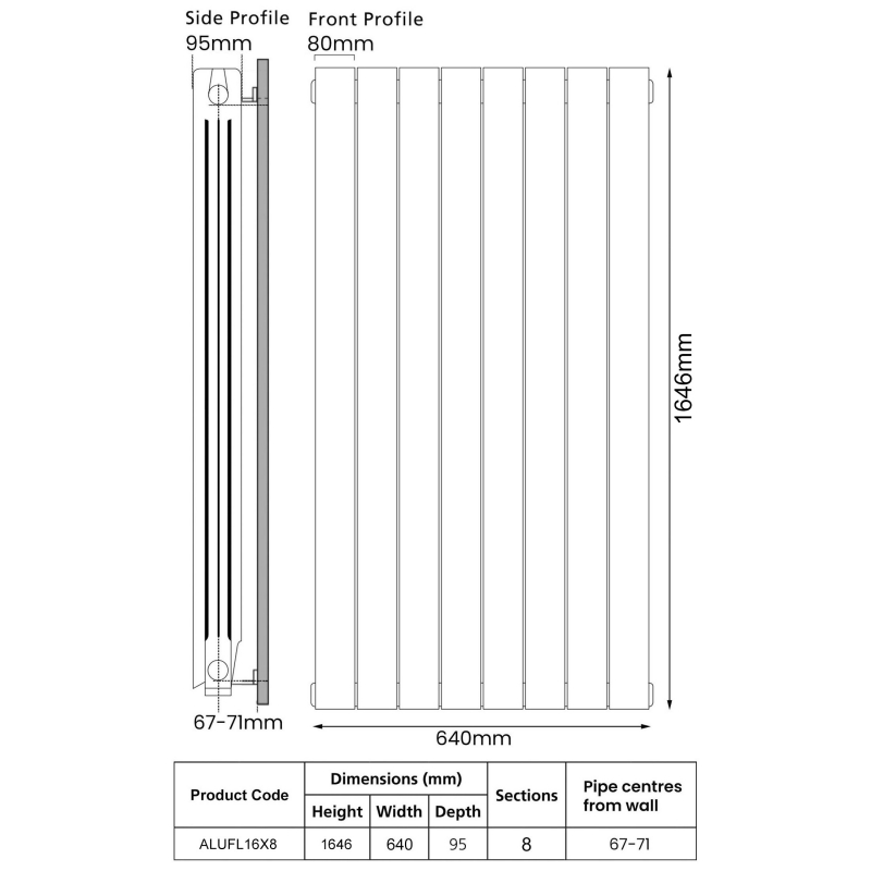 EcoRad Trend Aluminium Radiator 1646mm H x 660mm W (8 Sections) - White  | Dimension Image