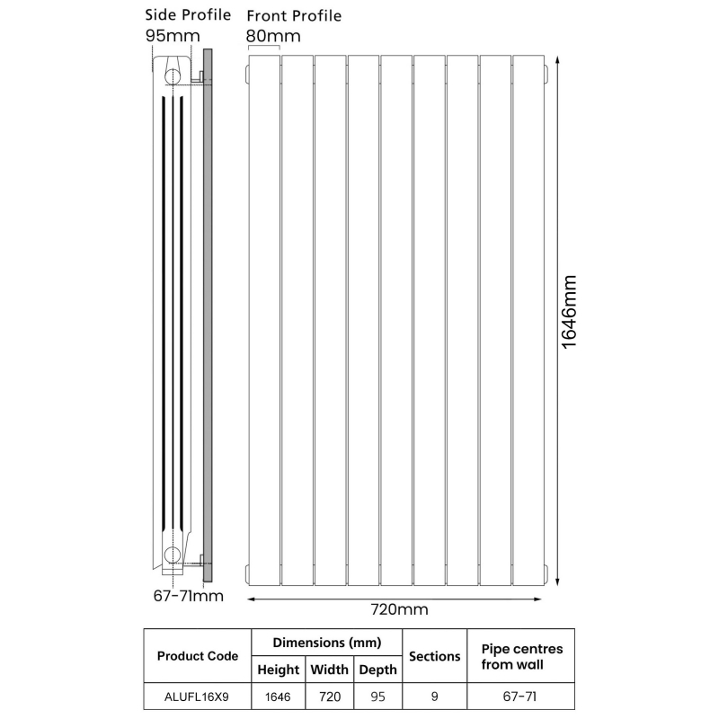 EcoRad Trend Aluminium Radiator 1646mm H x 740mm W (9 Sections) - RAL  | Dimension Image