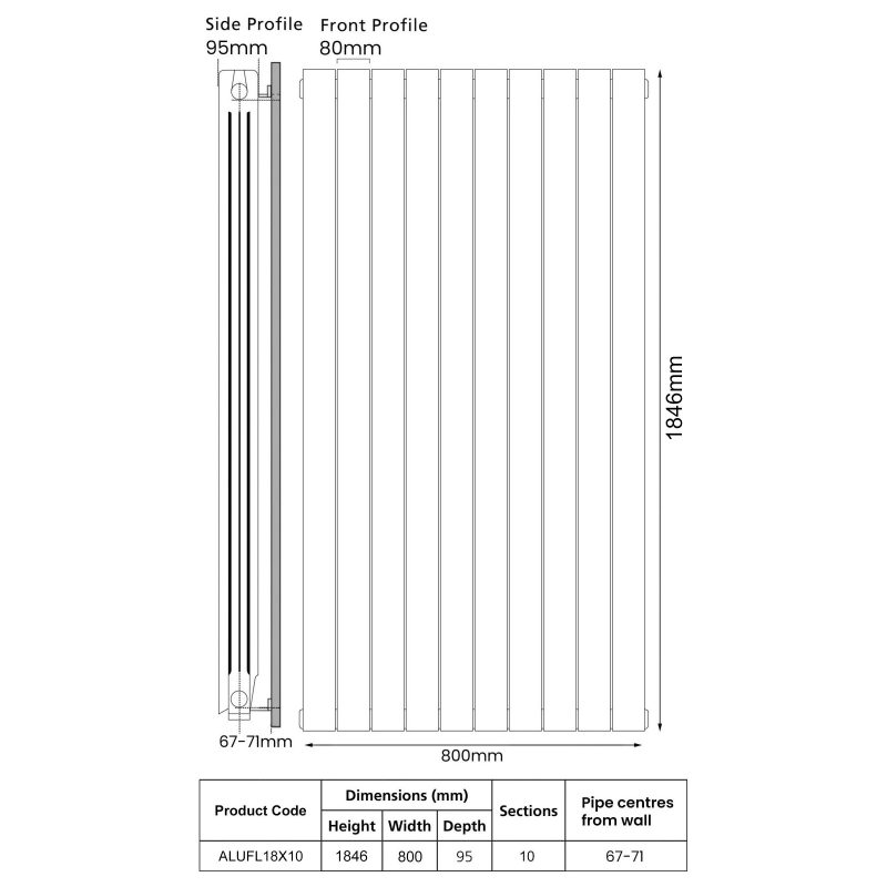 EcoRad Trend Aluminium Radiator 1846mm H x 820mm W (10 Sections) - RAL  | Dimension Image