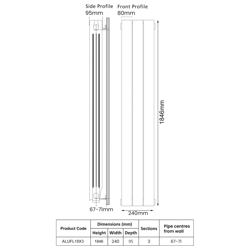 EcoRad Trend Aluminium Radiator 1846mm H x 260mm W (3 Sections) - White