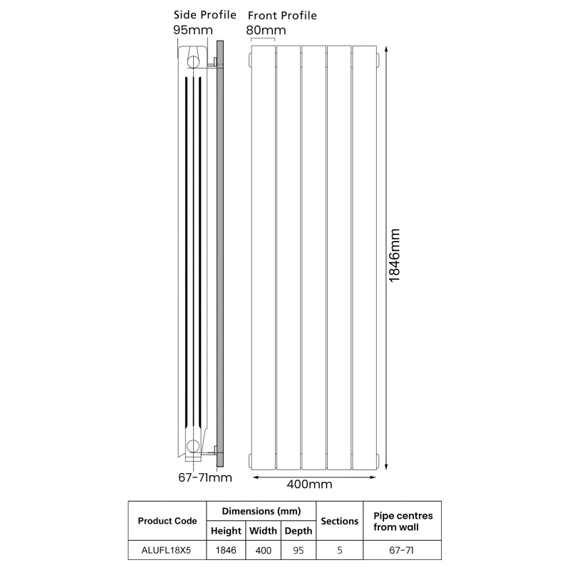 EcoRad Trend Aluminium Radiator 1846mm H x 420mm W (5 Sections) - White