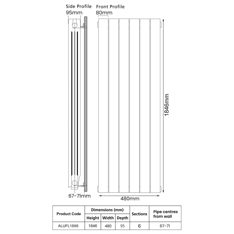 EcoRad Trend Aluminium Radiator 1846mm H x 500mm W (6 Sections) - White