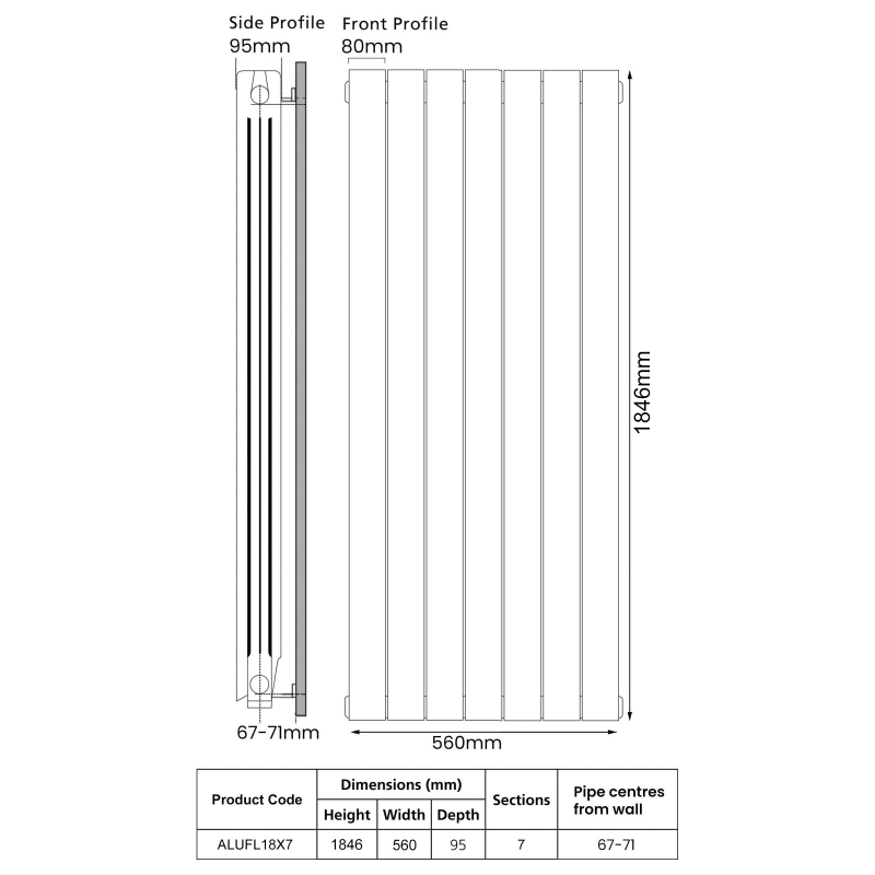 EcoRad Trend Aluminium Radiator 1846mm H x 580mm W (7 Sections) - RAL