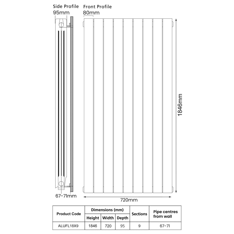 EcoRad Trend Aluminium Radiator 1846mm H x 740mm W (9 Sections) - RAL