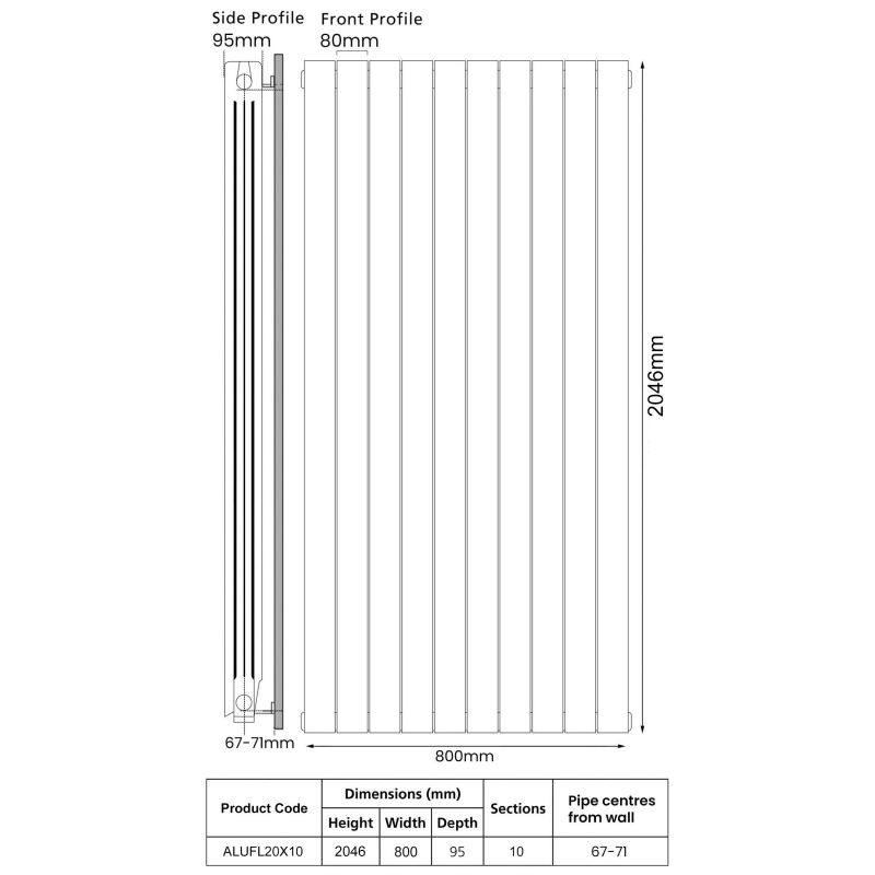 EcoRad Trend Aluminium Radiator 2046mm H x 820mm W (10 Sections) - RAL