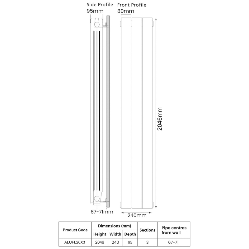 EcoRad Trend Aluminium Radiator 2046mm H x 260mm W (3 Sections) - RAL