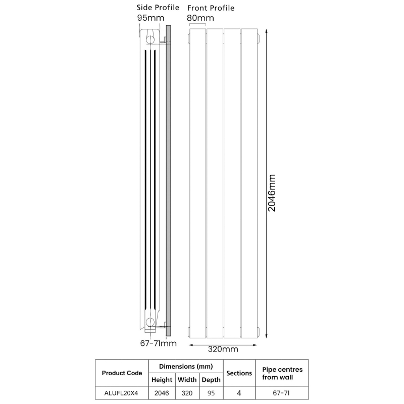 EcoRad Trend Aluminium Radiator 2046mm H x 340mm W (4 Sections) - RAL
