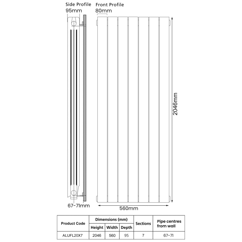 EcoRad Trend Aluminium Radiator 2046mm H x 580mm W (7 Sections) - White