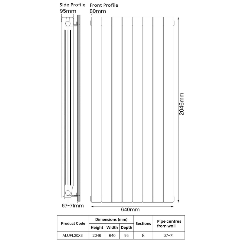 EcoRad Trend Aluminium Radiator 2046mm H x 660mm W (8 Sections) - White