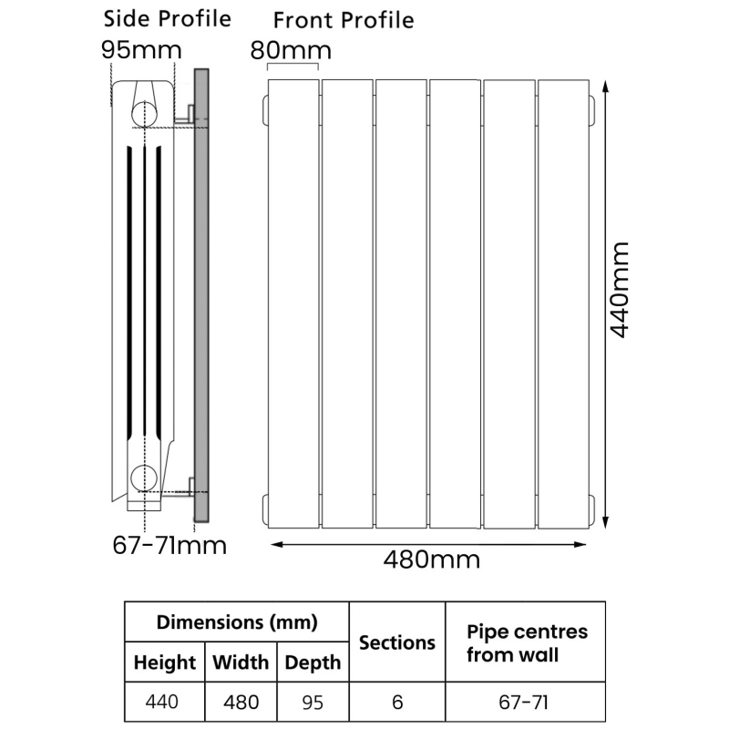 EcoRad Trend Aluminium Radiator 440mm H x 500mm W (6 Sections) - White