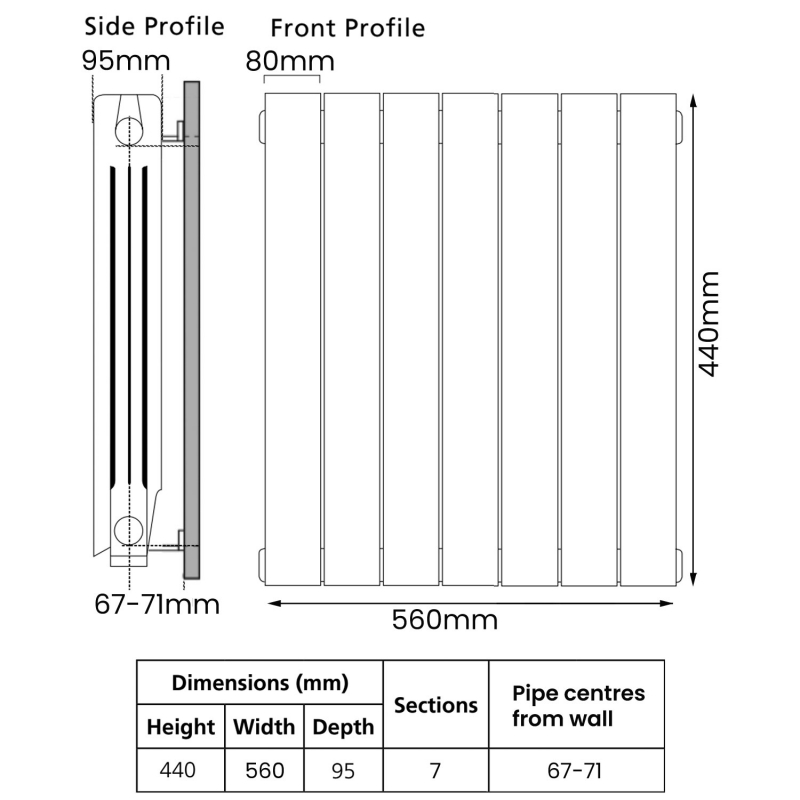EcoRad Trend Aluminium Radiator 440mm H x 580mm W (7 Sections) - White