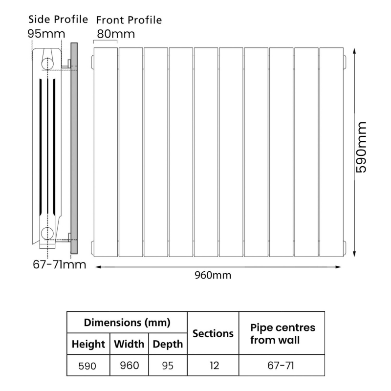 EcoRad Trend Aluminium Radiator 590mm H x 980mm W (12 Sections) - White