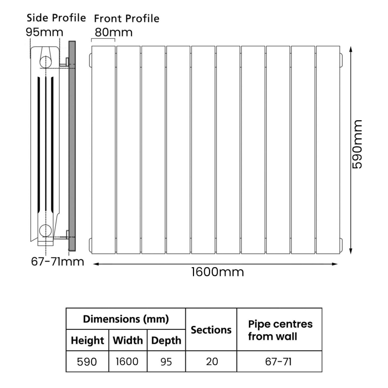 EcoRad Trend Aluminium Radiator 590mm H x 1620mm W (20 Sections) - RAL