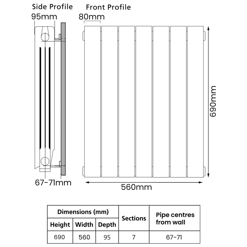 EcoRad Trend Aluminium Radiator 690mm H x 580mm W (7 Sections) - White