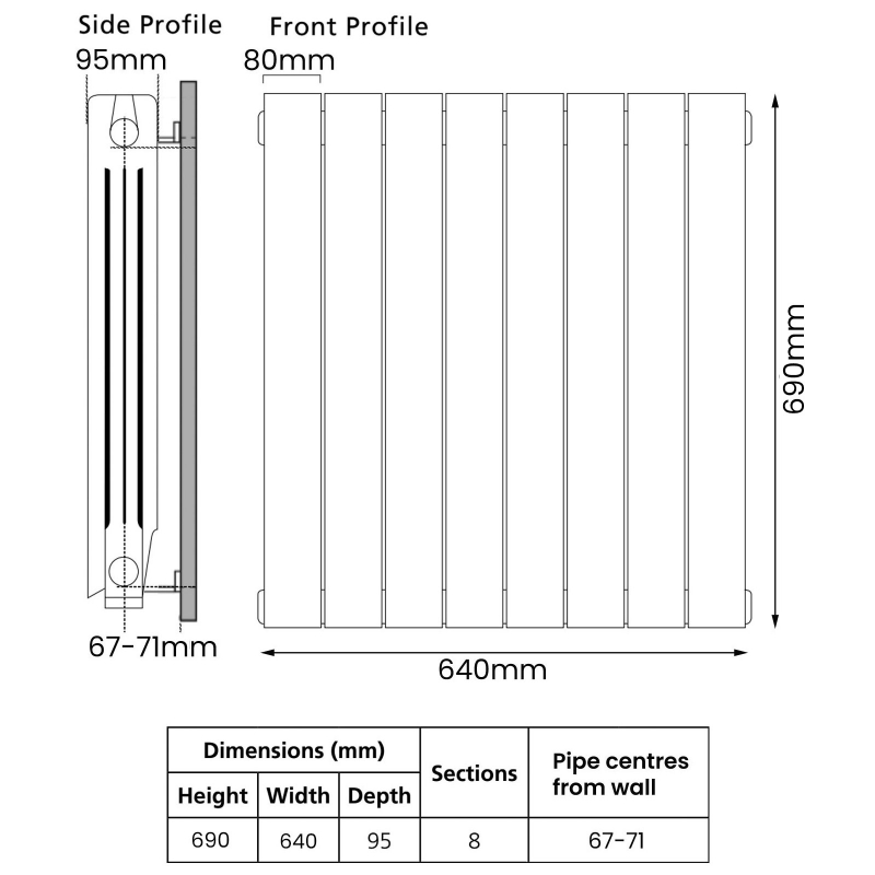 EcoRad Trend Aluminium Radiator 690mm H x 660mm W (8 Sections) - White