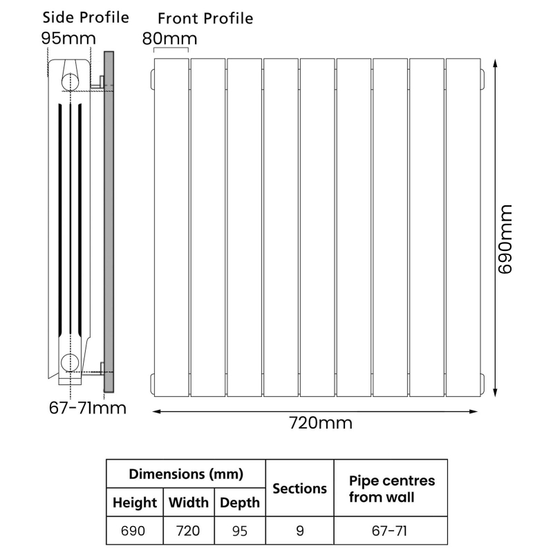 EcoRad Trend Aluminium Radiator 690mm H x 740mm W (9 Sections) - RAL