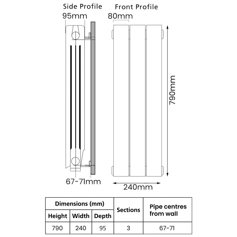 EcoRad Trend Aluminium Radiator 790mm H x 260mm W (3 Sections) - White