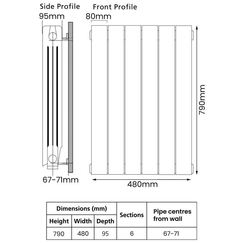 EcoRad Trend Aluminium Radiator 790mm H x 500mm W (6 Sections) - White