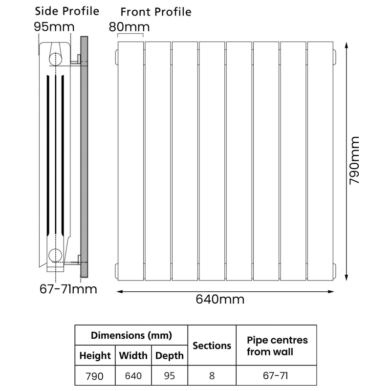 EcoRad Trend Aluminium Radiator 790mm H x 660mm W (8 Sections) - White  | Dimension Image