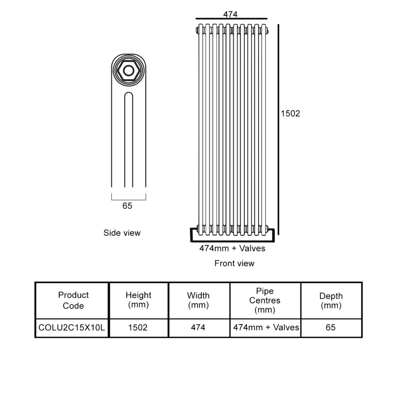 EcoRad Legacy Bare Metal Lacquer 2-Column Radiator 1500mm High x 474mm Wide 10 Sections