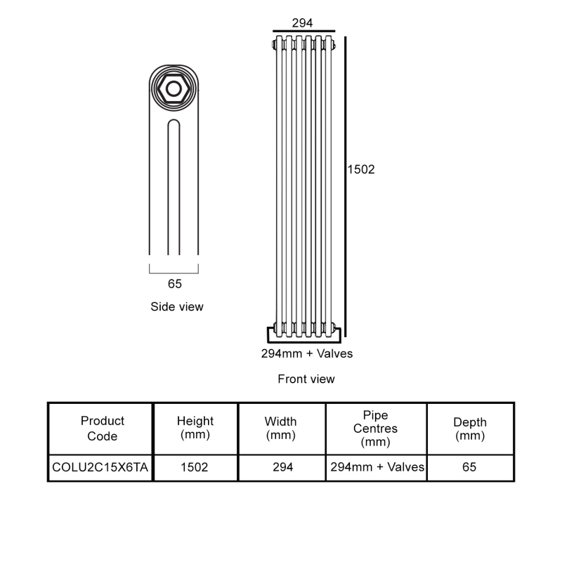 EcoRad Legacy Anthracite 2-Column Radiator 1500mm High x 294mm Wide 6 Sections  | Dimension Image