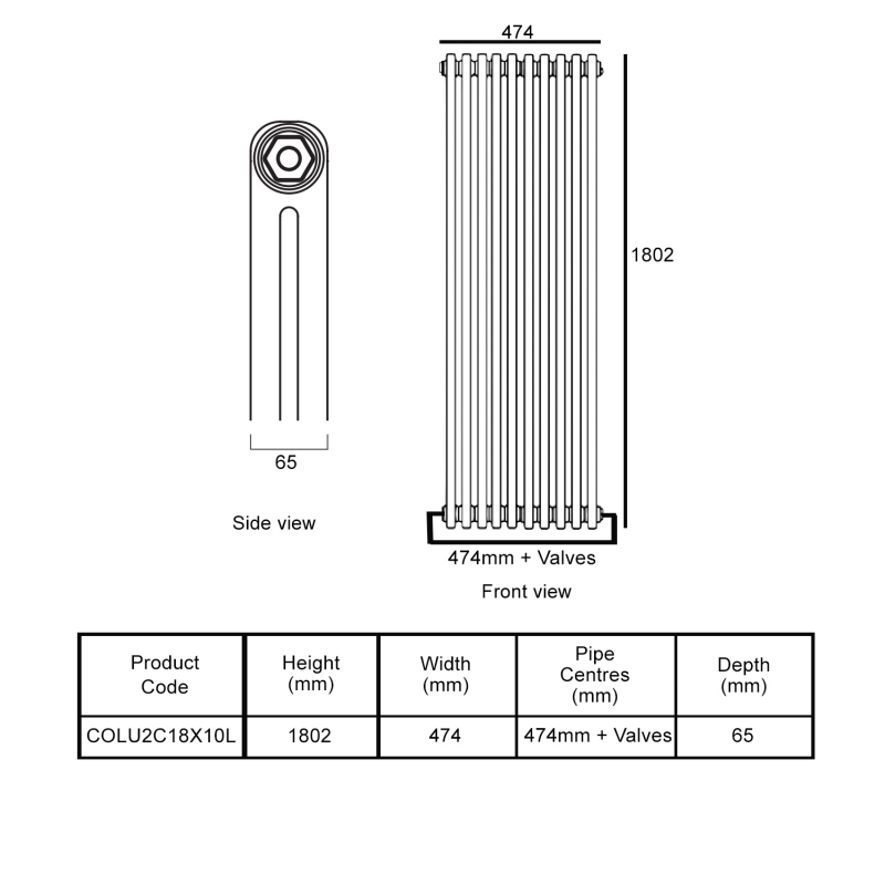EcoRad Legacy Bare Metal Lacquer 2-Column Radiator 1800mm High x 474mm Wide 10 Sections