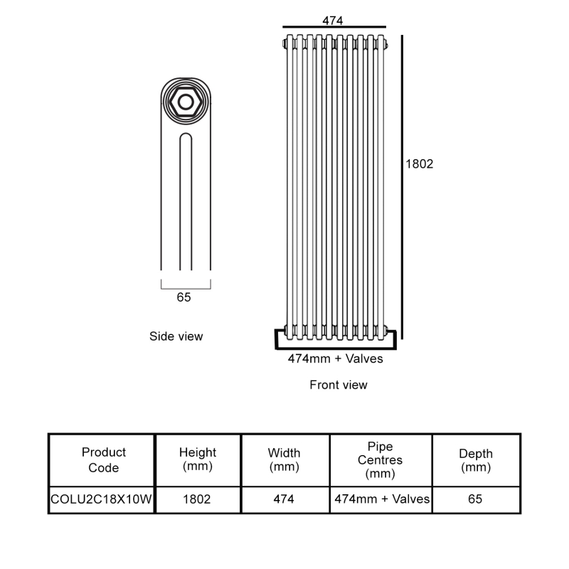 EcoRad Legacy White 2-Column Radiator 1800mm High x 474mm Wide 10 Sections