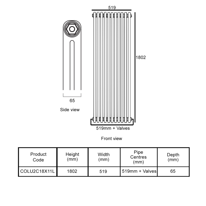 EcoRad Legacy Bare Metal Lacquer 2-Column Radiator 1800mm High x 519mm Wide 11 Sections