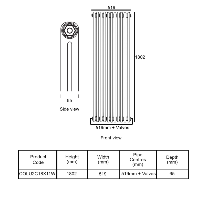 EcoRad Legacy White 2-Column Radiator 1800mm High x 519mm Wide 11 Sections