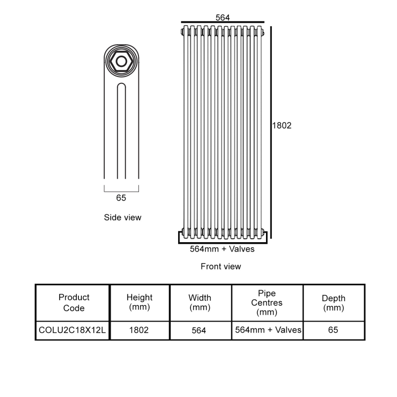 EcoRad Legacy Bare Metal Lacquer 2-Column Radiator 1800mm High x 564mm Wide 12 Sections