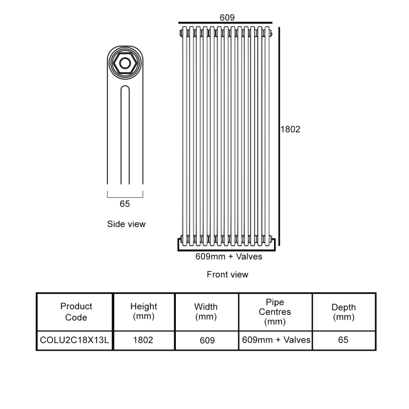 EcoRad Legacy Bare Metal Lacquer 2-Column Radiator 1800mm High x 609mm Wide 13 Sections