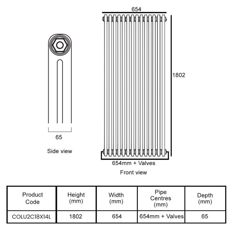 EcoRad Legacy Bare Metal Lacquer 2-Column Radiator 1800mm High x 654mm Wide 14 Sections