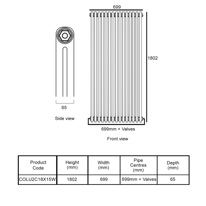 EcoRad Legacy White 2-Column Radiator 1800mm High x 699mm Wide 15 Sections