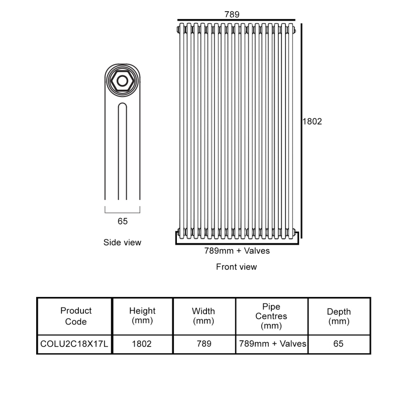EcoRad Legacy Bare Metal Lacquer 2-Column Radiator 1800mm High x 789mm Wide 17 Sections  | Dimension Image