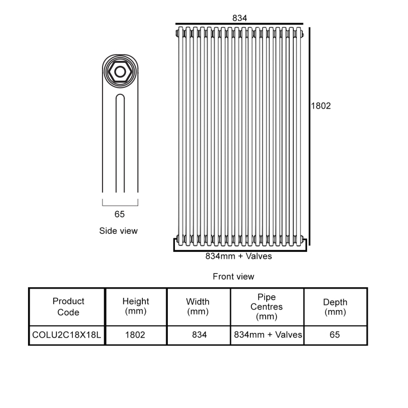 EcoRad Legacy Bare Metal Lacquer 2-Column Radiator 1800mm High x 834mm Wide 18 Sections