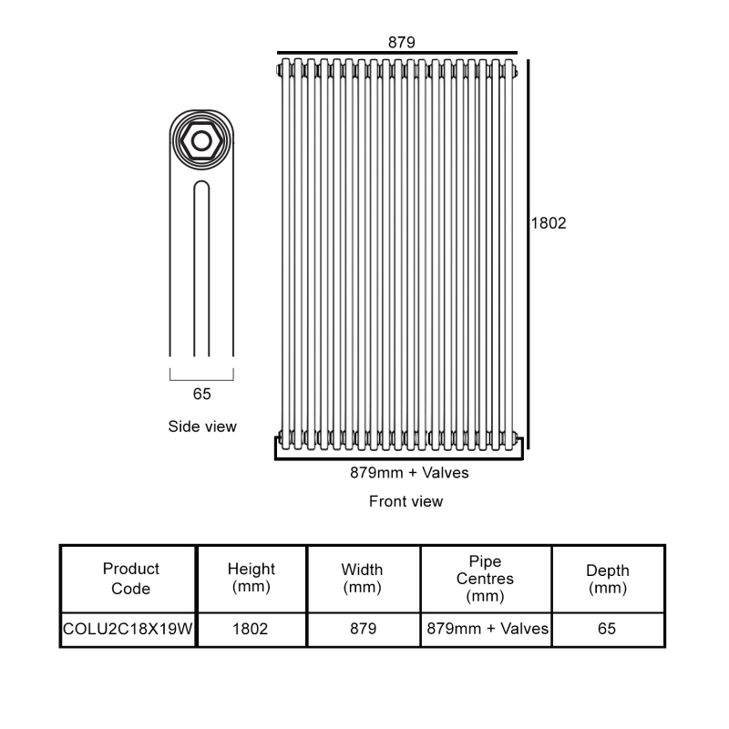 EcoRad Legacy White 2-Column Radiator 1800mm High x 879mm Wide 19 Sections