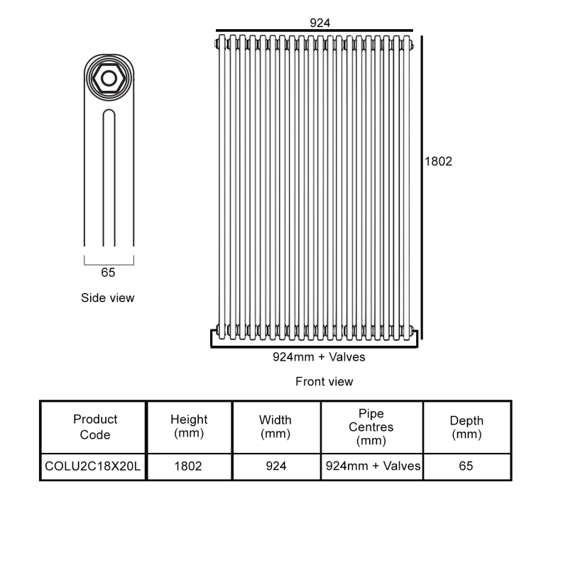 EcoRad Legacy Bare Metal Lacquer 2-Column Radiator 1800mm High x 924mm Wide 20 Sections  | Dimension Image