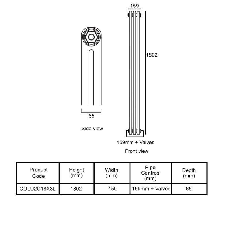 EcoRad Legacy Bare Metal Lacquer 2-Column Radiator 1800mm High x 159mm Wide 3 Sections