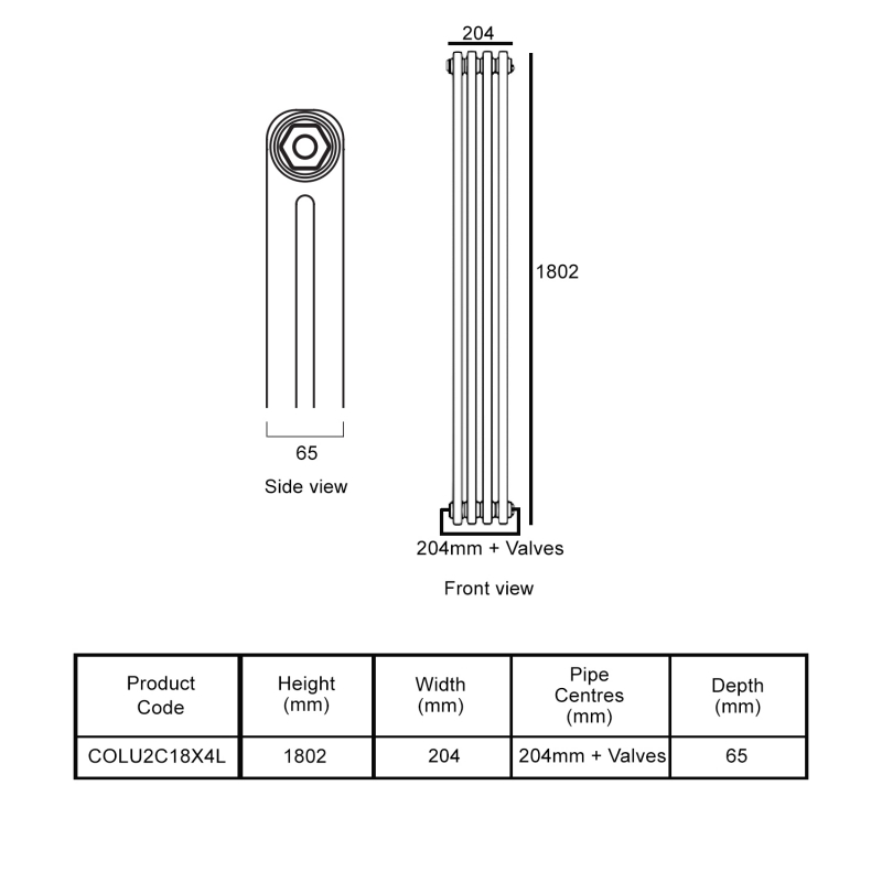 EcoRad Legacy Bare Metal Lacquer 2-Column Radiator 1800mm High x 204mm Wide 4 Sections
