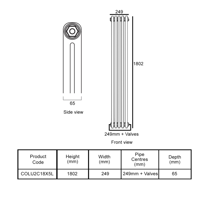 EcoRad Legacy Bare Metal Lacquer 2-Column Radiator 1800mm High x 249mm Wide 5 Sections  | Dimension Image