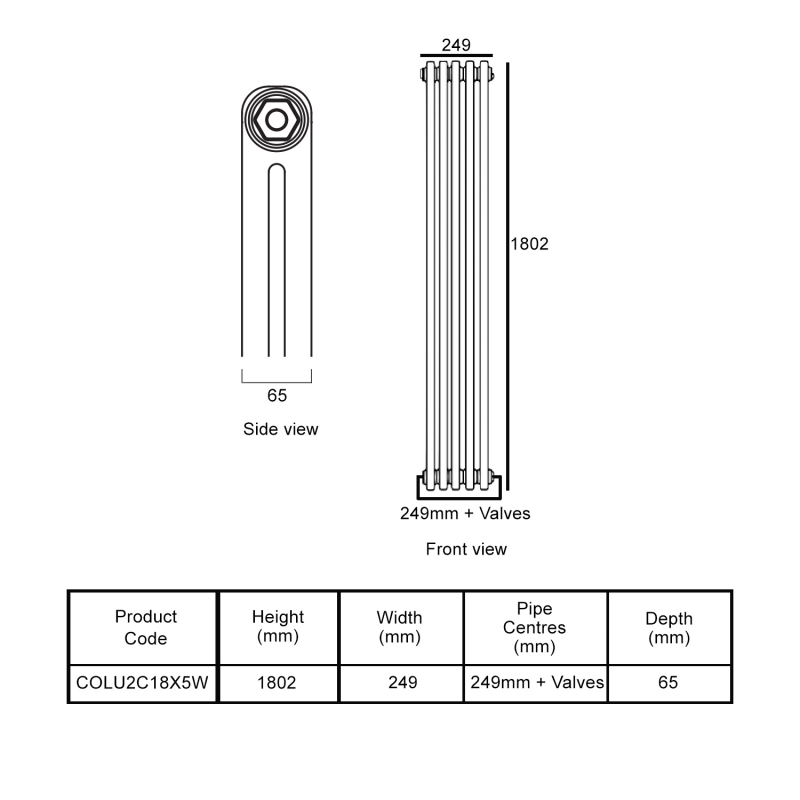 EcoRad Legacy White 2-Column Radiator 1800mm High x 249mm Wide 5 Sections