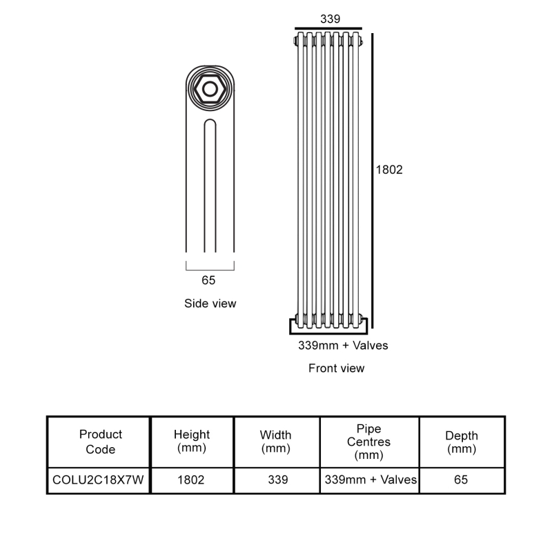 EcoRad Legacy White 2-Column Radiator 1800mm High x 339mm Wide 7 Sections
