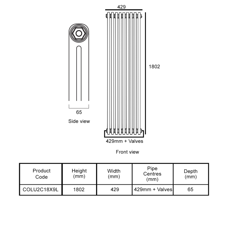 EcoRad Legacy Bare Metal Lacquer 2-Column Radiator 1800mm High x 429mm Wide 9 Sections