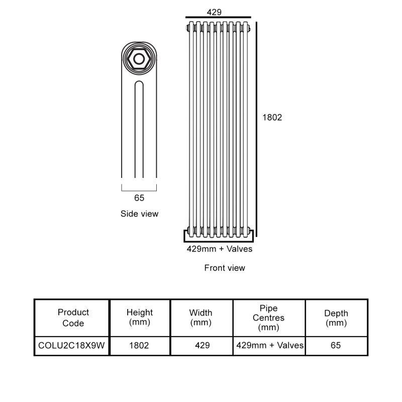 EcoRad Legacy White 2-Column Radiator 1800mm High x 429mm Wide 9 Sections