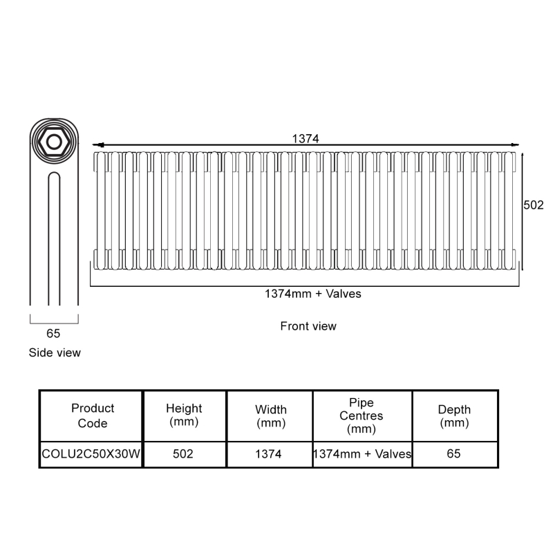 EcoRad Legacy White 2-Column Radiator 500mm High x 1374mm Wide 30 Sections