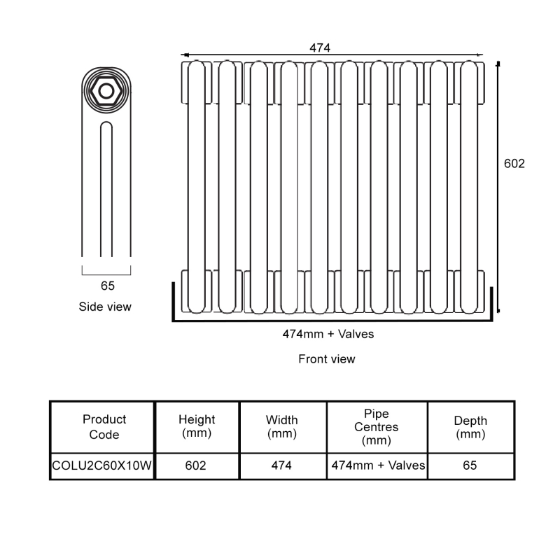 EcoRad Legacy White 2-Column Radiator 600mm High x 474mm Wide 10 Sections