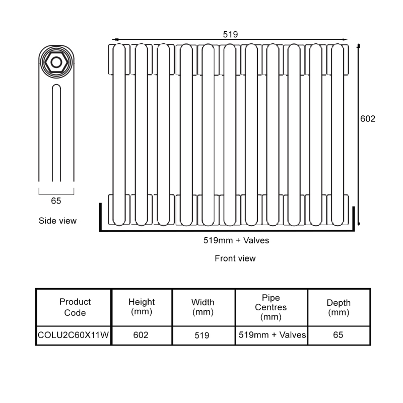 EcoRad Legacy White 2-Column Radiator 600mm High x 519mm Wide 11 Sections