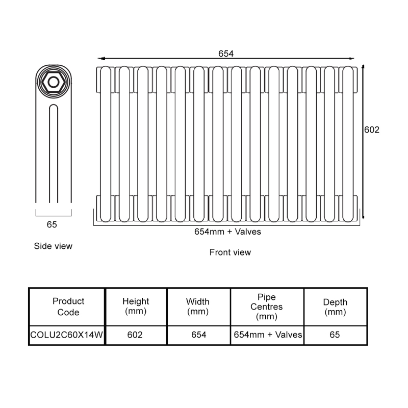 EcoRad Legacy White 2-Column Radiator 600mm High x 654mm Wide 14 Sections