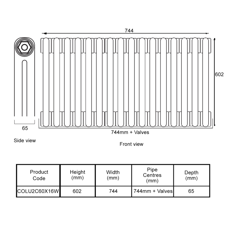 EcoRad Legacy White 2-Column Radiator 600mm High x 744mm Wide 16 Sections
