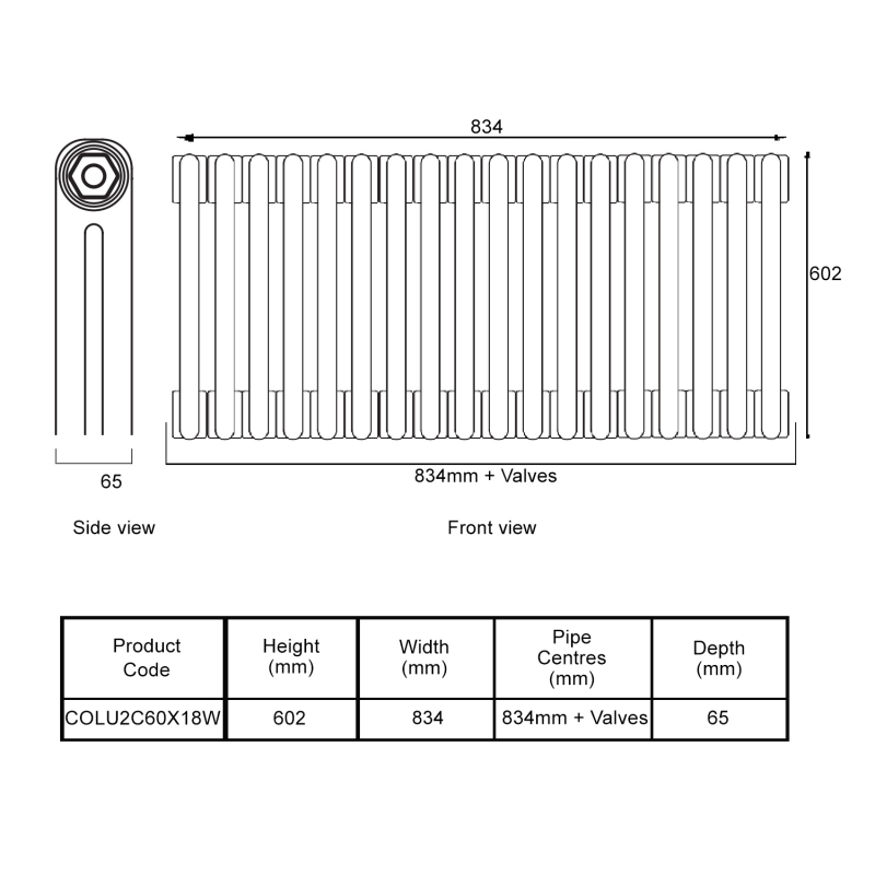 EcoRad Legacy White 2-Column Radiator 600mm High x 834mm Wide 18 Sections